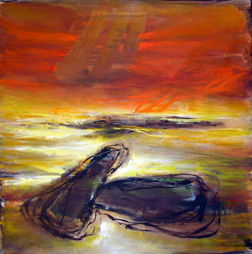 Open End. Akryl p&aring; l&aelig;rred 120 x 120 cm.