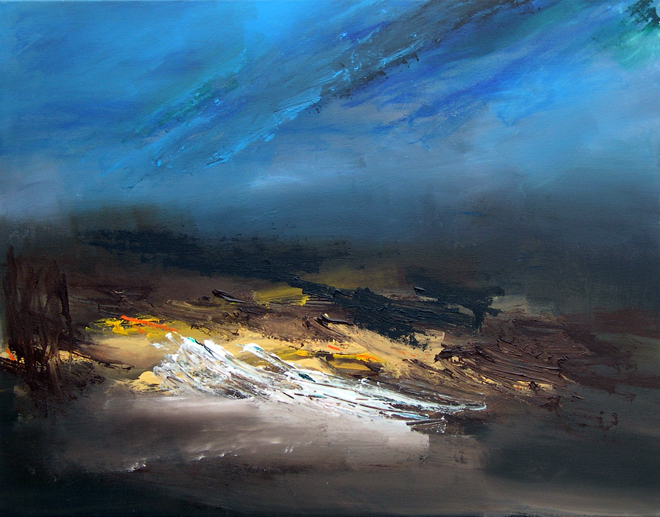M&oslash;rkning. Akryl p&aring; l&aelig;rred  110 x 86 cm.