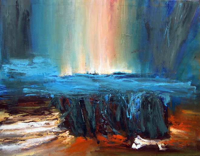 A new Beginning. Akryl p&aring; l&aelig;rred 110 x 86 cm
