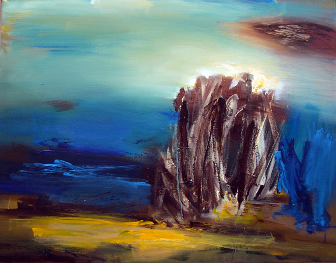 A new Beginning. Akryl p&aring; l&aelig;rred 110 x 86 cm